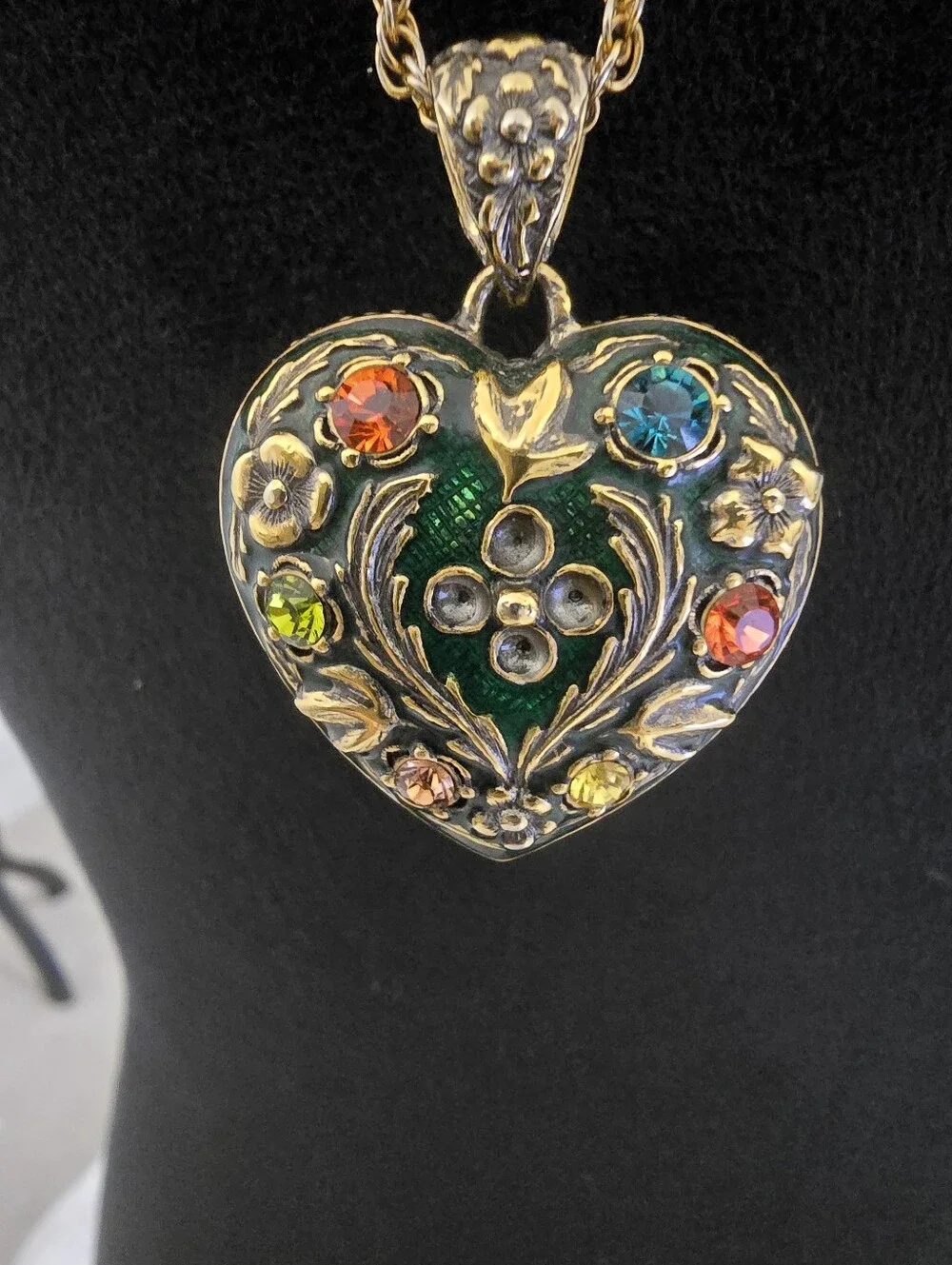 Vintage Joan Rivers Heart Pendant Necklace with Green Enamel and Crystals
